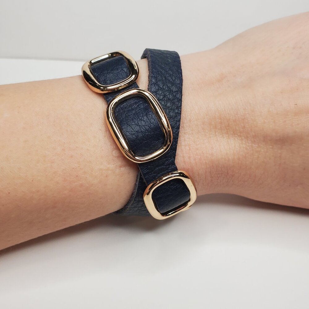 Navy Leather and Brass ring Wrap Bracelet